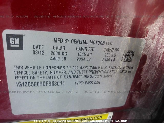 1G1ZC5E08CF303011 - 2012 CHEVROLET MALIBU 1LT მუქწითელი ფოტო 9