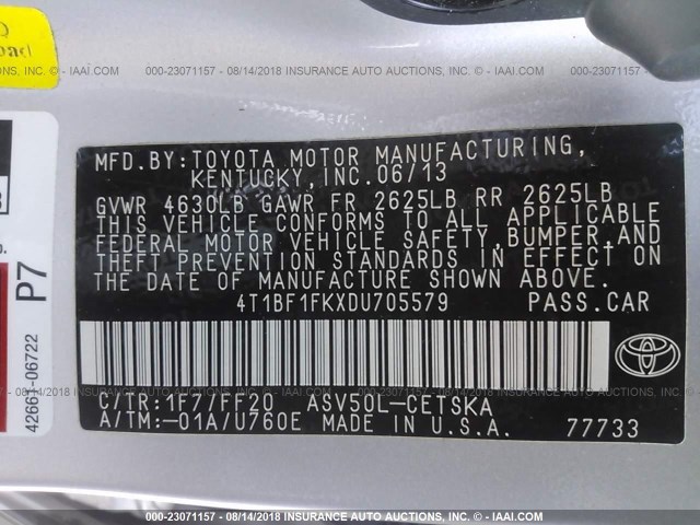 4T1BF1FKXDU705579 - 2013 TOYOTA CAMRY L/SE/LE/XLE Gümüş foto 9