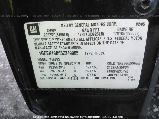 1GCEK19B65Z249965 - 2005 CHEVROLET SILVERADO K1500 BLACK photo 9