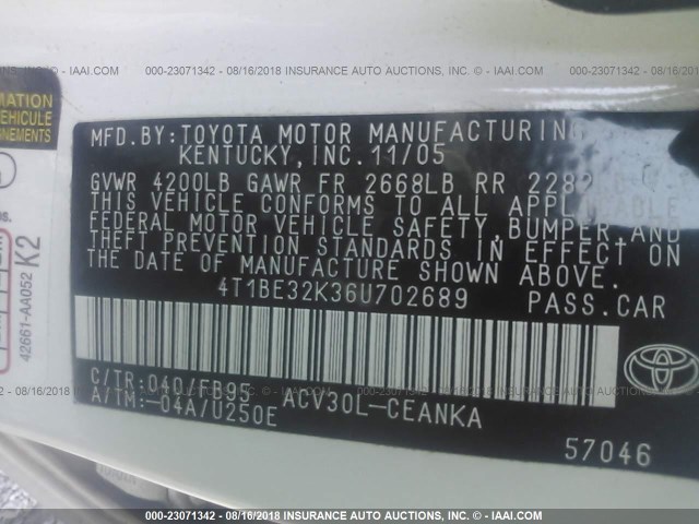 4T1BE32K36U702689 - 2006 TOYOTA CAMRY LE/XLE/SE 白色 照片 9