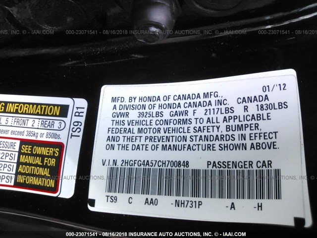 2HGFG4A57CH700848 - 2012 HONDA CIVIC SI BLACK photo 9