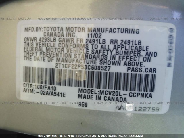 2T1CF22P53C608527 - 2003 TOYOTA CAMRY SOLARA SE/SLE ვერცხლისფერი ფოტო 9