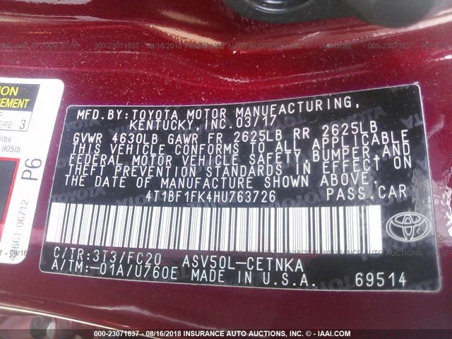 4T1BF1FK4HU763726 - 2017 TOYOTA CAMRY LE/XLE/SE/XSE 红色 照片 9