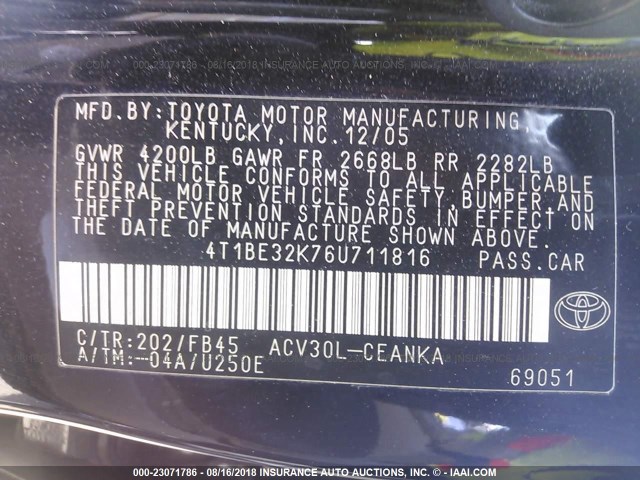 4T1BE32K76U711816 - 2006 TOYOTA CAMRY LE/XLE/SE 黑色 照片 9