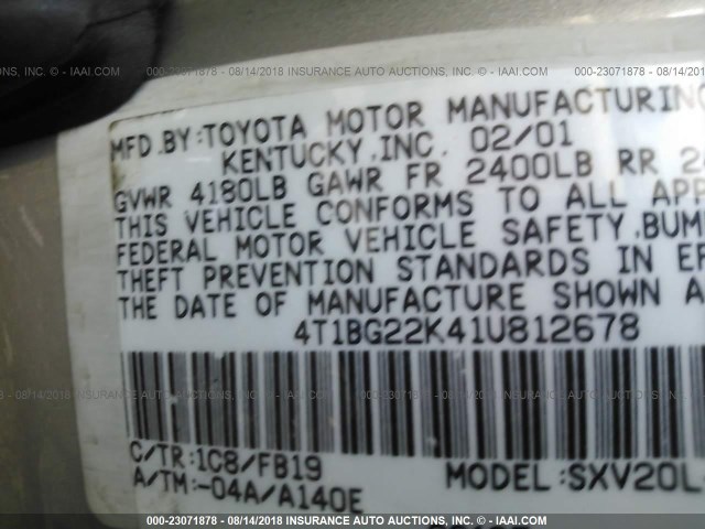 4T1BG22K41U812678 - 2001 TOYOTA CAMRY CE/LE/XLE 黑色 照片 9