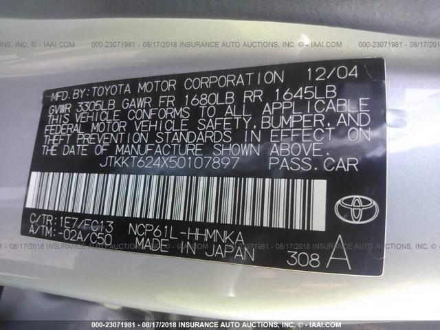 JTKKT624X50107897 - 2005 TOYOTA SCION XA SILVER photo 9