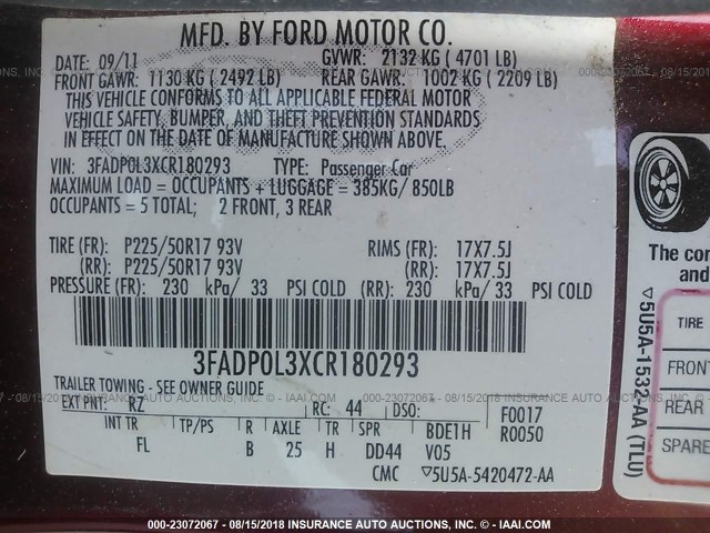 3FADP0L3XCR180293 - 2012 FORD FUSION HYBRID RED photo 9