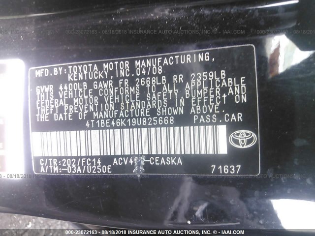 4T1BE46K19U825668 - 2009 TOYOTA CAMRY SE/LE/XLE შავი ფოტო 9