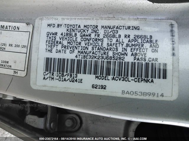 4T1BE32K23U685282 - 2003 TOYOTA CAMRY LE/XLE/SE Gümüş foto 9