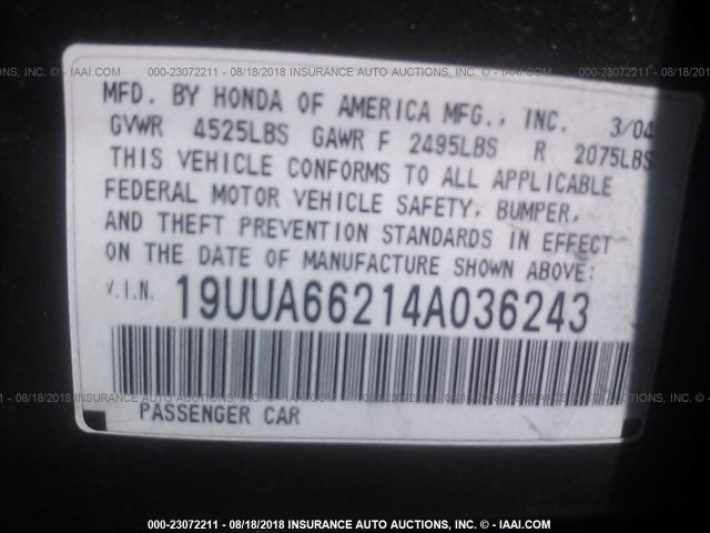 19UUA66214A036243 - 2004 ACURA TL GREEN photo 9