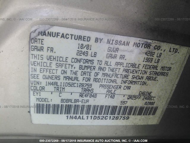 1N4AL11D52C128759 - 2002 NISSAN ALTIMA S/SL GOLD photo 9