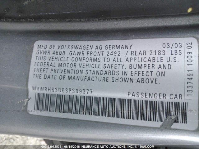 WVWRH63B63P399377 - 2003 VOLKSWAGEN PASSAT GLX GRAY photo 9