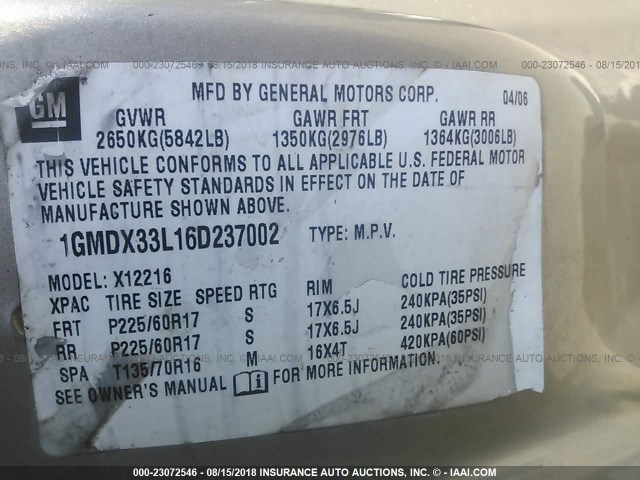 1GMDX33L16D237002 - 2006 PONTIAC MONTANA SV6 GOLD photo 9