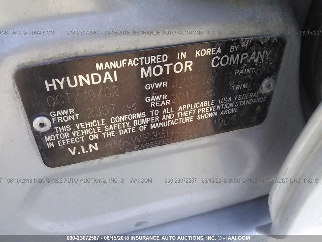 KMHWF35H43A771905 - 2003 HYUNDAI SONATA GLS/LX SILVER photo 9