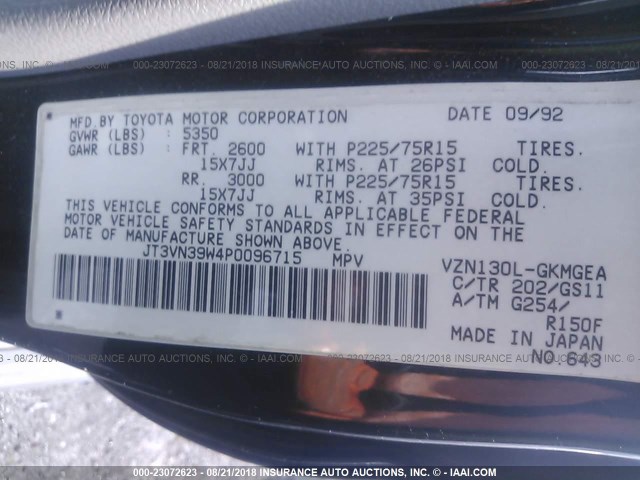 JT3VN39W4P0096715 - 1993 TOYOTA 4RUNNER VN39 SR5 黑色 照片 9