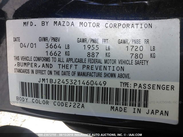 JM1BJ245321460449 - 2002 MAZDA PROTEGE PR5 蓝色 照片 9