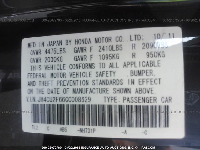 JH4CU2F66CC008629 - 2012 ACURA TSX TECH BLACK photo 9