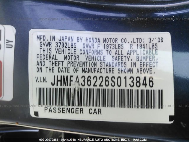 JHMFA36226S013846 - 2006 HONDA CIVIC HYBRID BLUE photo 9