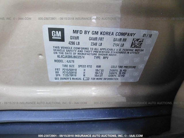 KL4CJASB9JB632574 - 2018 BUICK ENCORE PREFERRED Қоңыр фото 9