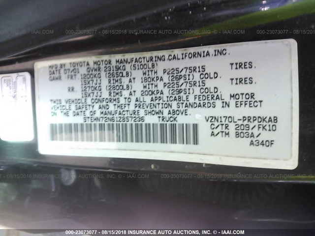 5TEHN72N61Z857236 - 2001 TOYOTA TACOMA DOUBLE CAB 黑色 照片 9