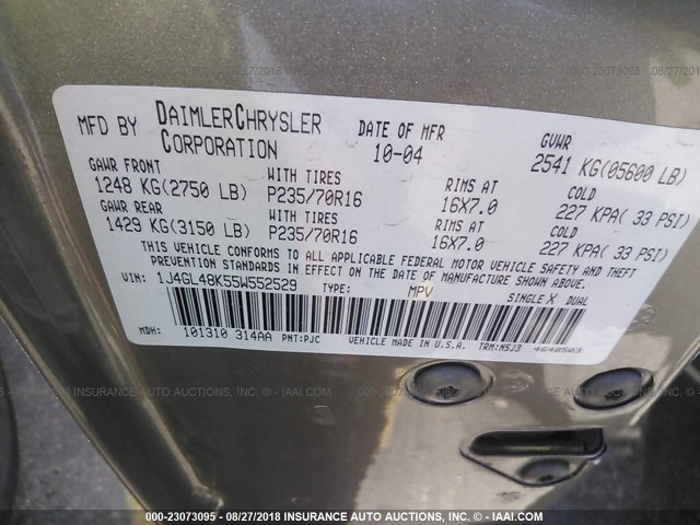 1J4GL48K55W552529 - 2005 JEEP LIBERTY SPORT Qızıl foto 9