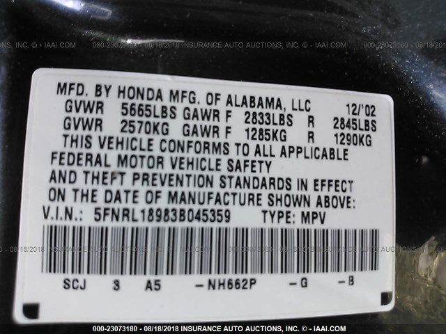 5FNRL18983B045359 - 2003 HONDA ODYSSEY EXL TEAL photo 9