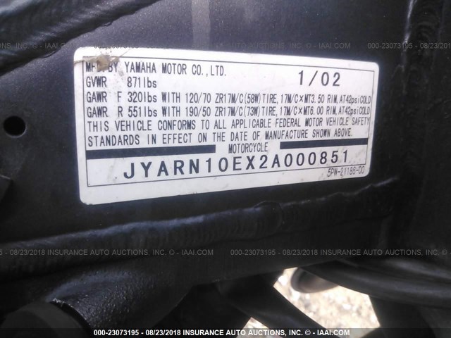 JYARN10EX2A000851 - 2002 YAMAHA YZFR1 BLUE photo 10