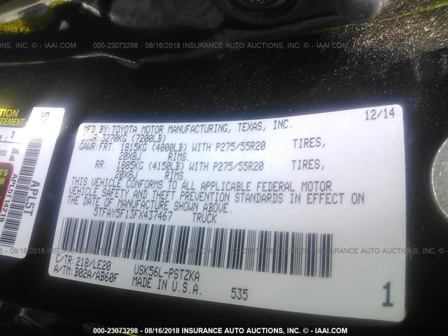 5TFAY5F13FX437467 - 2015 TOYOTA TUNDRA CREWMAX 1794/PLATINUM 黑色 照片 9