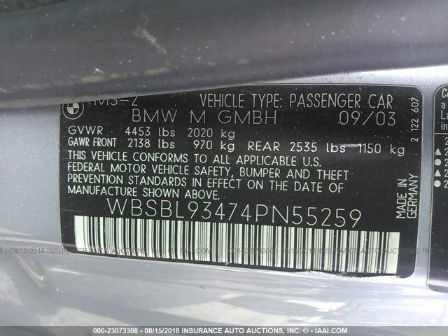 WBSBL93474PN55259 - 2004 BMW M3 GRAY photo 9