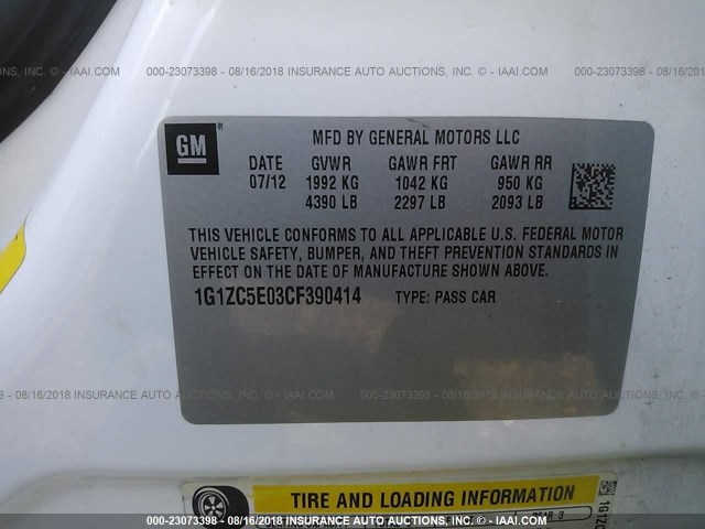 1G1ZC5E03CF390414 - 2012 CHEVROLET MALIBU 1LT თეთრი ფოტო 9