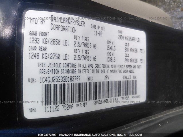 1C4GJ25333B183767 - 2003 CHRYSLER VOYAGER BLUE photo 9