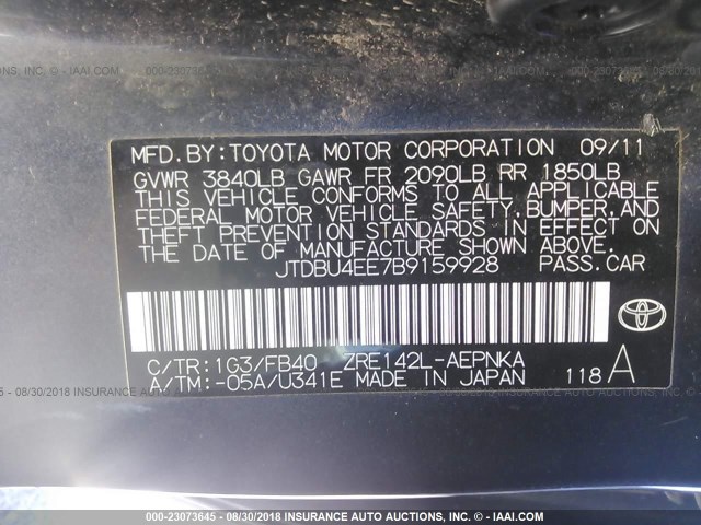 JTDBU4EE7B9159928 - 2011 TOYOTA COROLLA S/LE GRAY photo 9