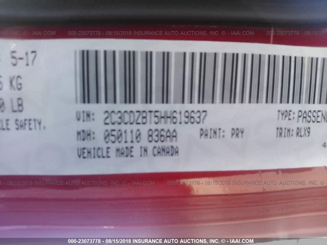 2C3CDZBT5HH619637 - 2017 DODGE CHALLENGER R/T RED photo 9