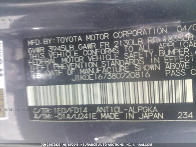 JTKDE167380220816 - 2008 TOYOTA SCION TC 灰色 照片 9