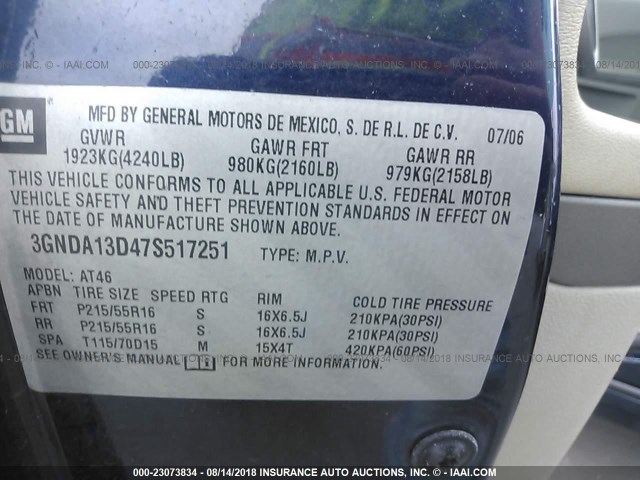 3GNDA13D47S517251 - 2007 CHEVROLET HHR LS Mavi foto 9