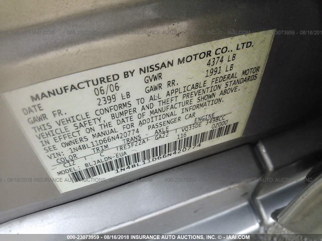 1N4BL11D66N420774 - 2006 NISSAN ALTIMA SE/SL/SE-R SILVER photo 9