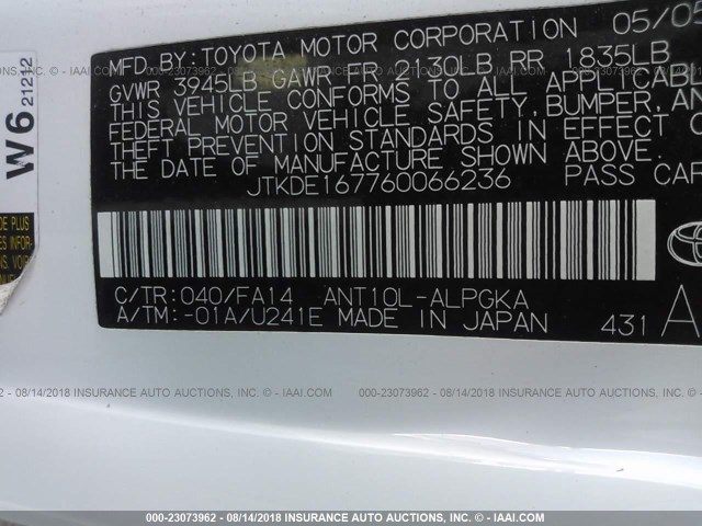JTKDE167760066236 - 2006 TOYOTA SCION TC 白色 照片 9