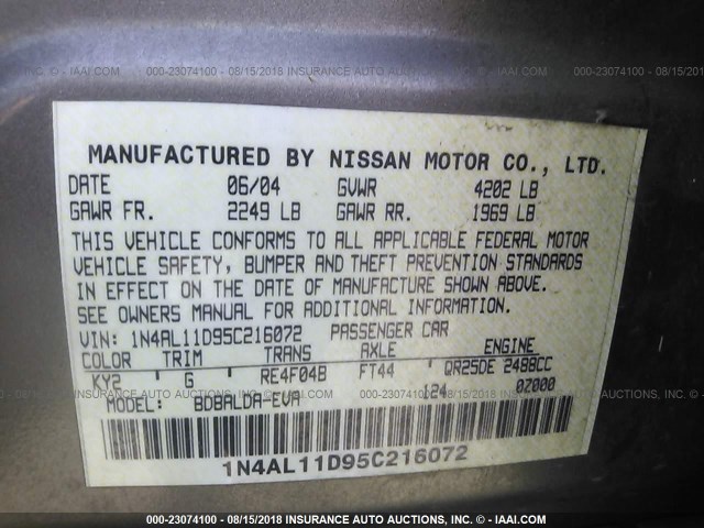 1N4AL11D95C216072 - 2005 NISSAN ALTIMA S/SL GOLD photo 9