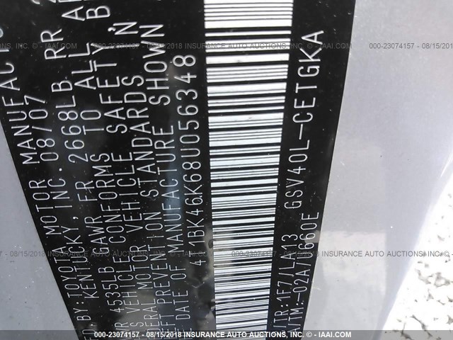 4T1BK46K68U056348 - 2008 TOYOTA CAMRY LE/XLE/SE Күміс фото 9