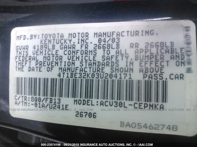 4T1BE32K03U204171 - 2003 TOYOTA CAMRY LE/XLE/SE Mavi foto 9