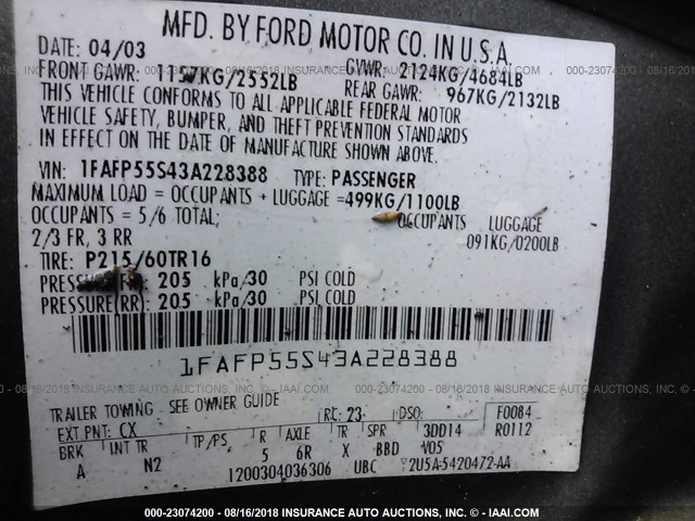 1FAFP55S43A228388 - 2003 FORD TAURUS SES GRAY photo 9