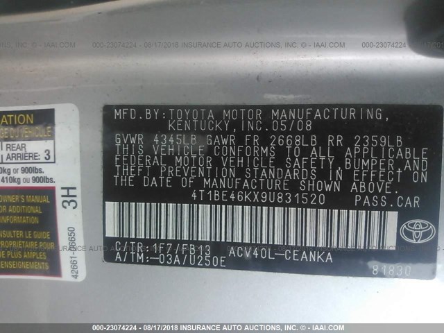 4T1BE46KX9U831520 - 2009 TOYOTA CAMRY SE/LE/XLE SILVER photo 9