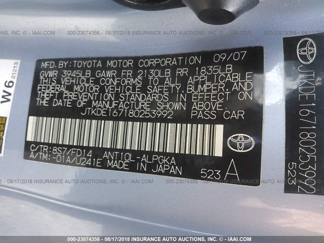 JTKDE167180253992 - 2008 TOYOTA SCION TC 蓝色 照片 9