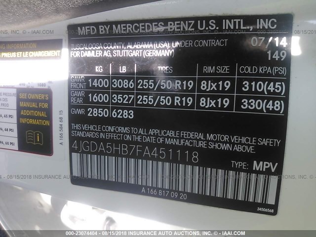 4JGDA5HB7FA451118 - 2015 MERCEDES-BENZ ML 350 4MATIC WHITE photo 9