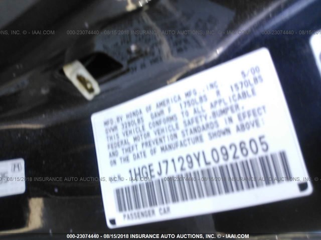 1HGEJ7129YL092605 - 2000 HONDA CIVIC HX BLACK photo 9