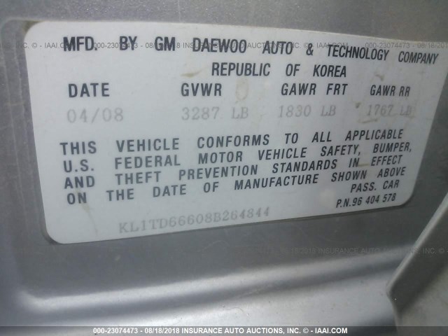 KL1TD66608B264844 - 2008 CHEVROLET AVEO LS SILVER photo 9