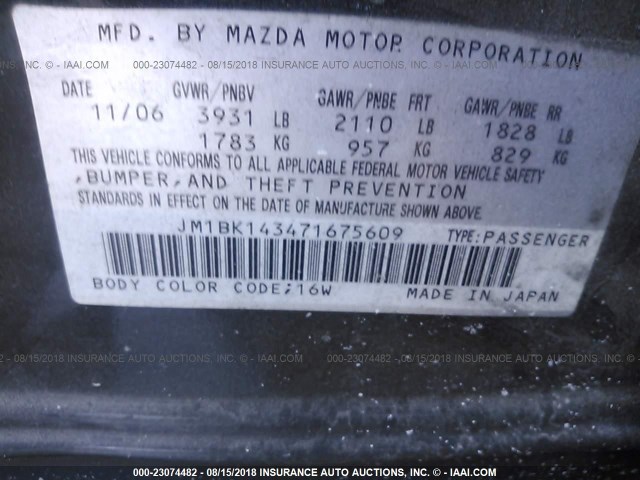 JM1BK143471675609 - 2007 MAZDA 3 HATCHBACK BLACK photo 9