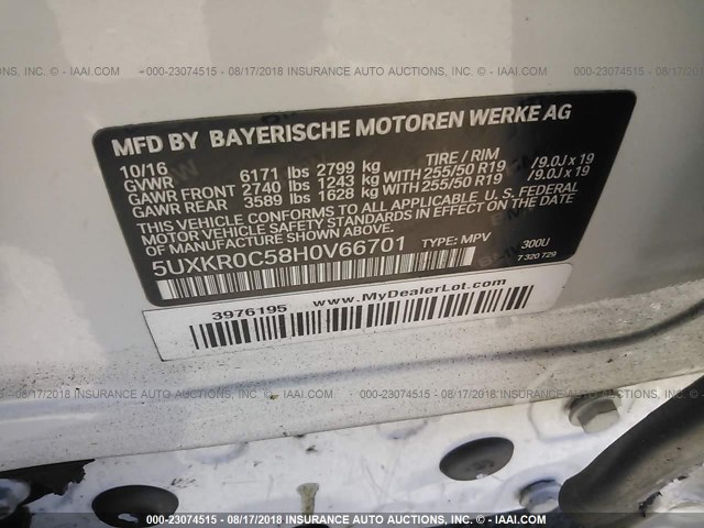 5UXKR0C58H0V66701 - 2017 BMW X5 XDRIVE35I WHITE photo 9