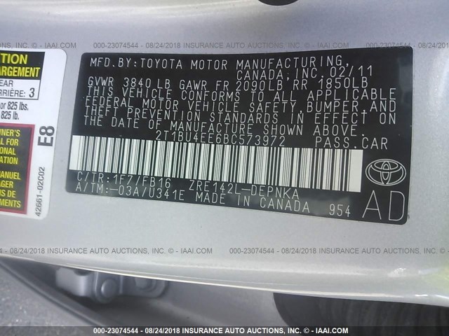 2T1BU4EE6BC573972 - 2011 TOYOTA COROLLA S/LE SILVER photo 9