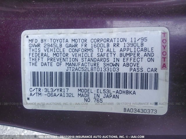 JT2AC52L8T0133103 - 1996 TOYOTA TERCEL STD/DX 红色 照片 9